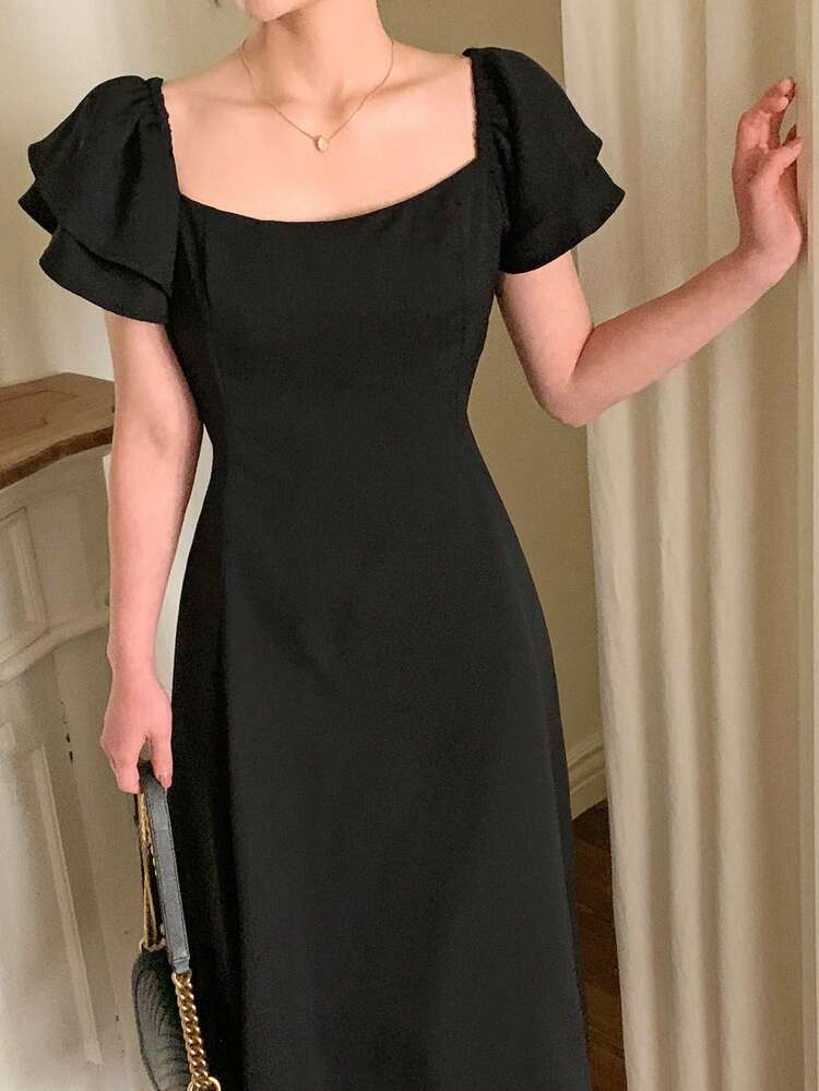 Women's Square Neck Waist Gathered A-Line Midi Dress With Ruffle Sleeves, Black Summer