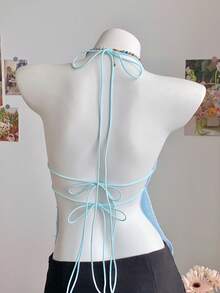 SHEIN Comfortcana 女士亮片性感百搭露背系带短款上衣 - 藍色 - 查看 2