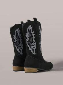 Styleloop Botas femininas de cano médio, estilo boêmio, retrô americano, boho, estilo western, perfeitas para o Festival de Música Coachella e para festas. - Pano preto - Ver 5