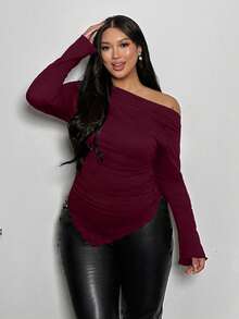 Firerie Plus Size Women Red Solid Asymmetric Hem Ruched Shoulder Long Sleeve Fitted Fashionable T-Shirt/Winter Fall - Burgundy - View 5