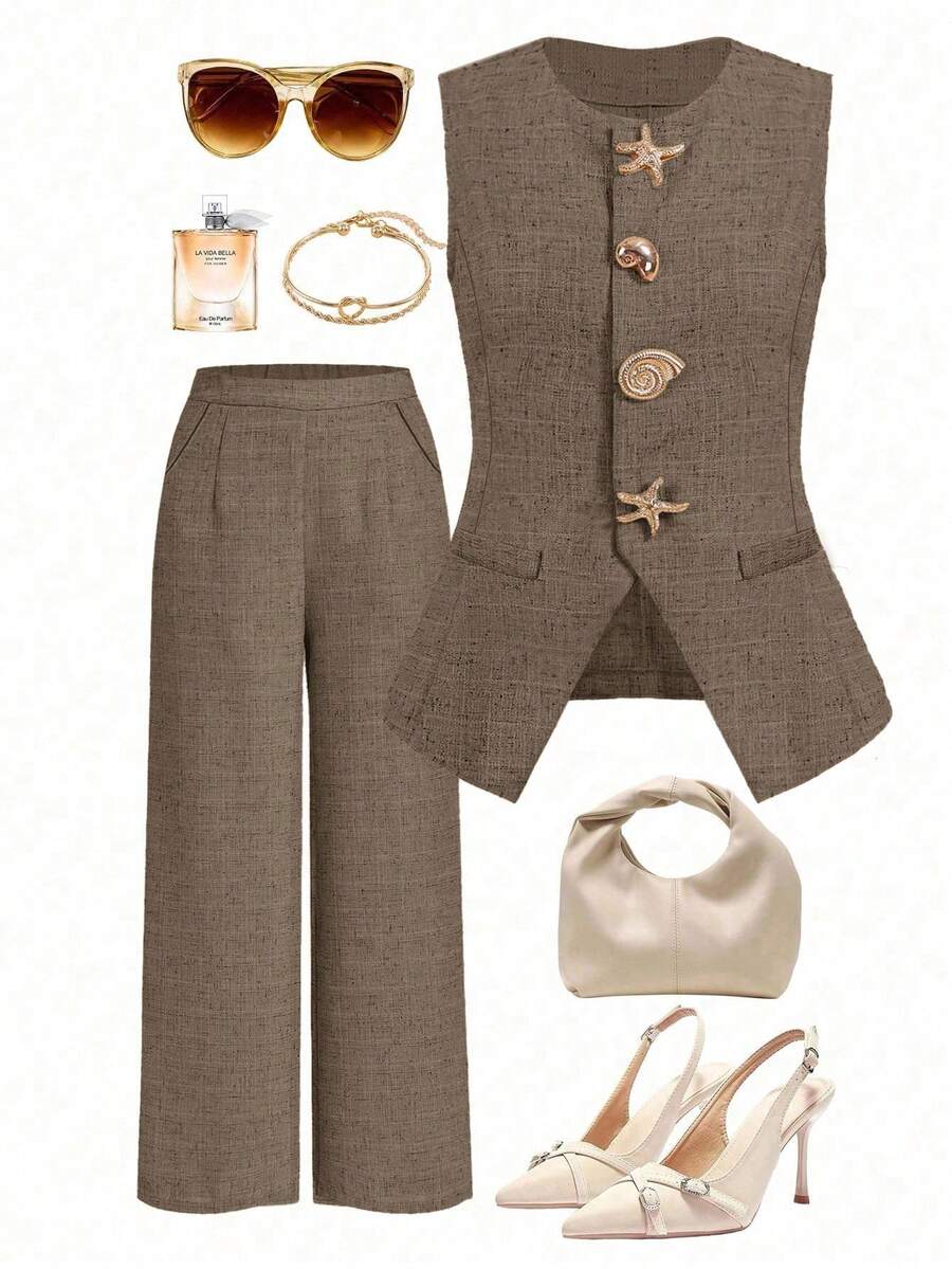 Ellevyn Star & Seashell Asymmetrical Buckle Sleeveless Top And Pants Elegant Set - Brown - View 1