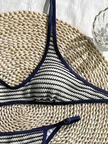 Bonvoyette 女士针织黑白条纹挂脖比基尼上衣，性感比基尼套装 - 彩色 - 查看 6