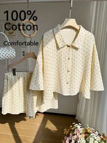 Comfortcana 2pcs/Set Women's Polka Dot 100 Percent Cotton Shirt And Shorts Outfit,Plus Size Beige Summer Smart Casual Everyday Holiday Comfortable Clothes - Multicolor - View 3