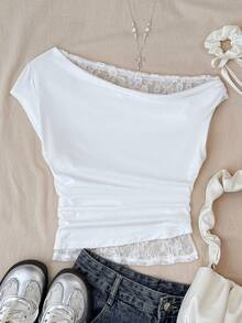 SHEIN Teen Girls White 2 In 1 Lace Shoulder T-Shirt - White - View 2