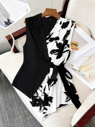 Elenzga Blusa asimétrica plisada en blanco y negro para mujer, adecuada para fiestas, Año Nuevo, Navidad, San Valentín, uso casual en otoño/invierno