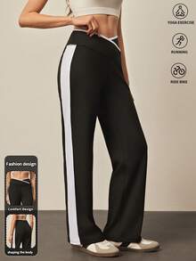 With My Calm Casual Sports Yoga Black & White Patchwork Criss-Cross Waist Pants - Black and White - View 5