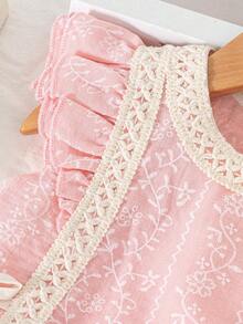 2pcs/Set Young Girl' Sweet Faux Embroidered Ruffle Sleeve Top And Shorts Princess Outfit, Spring/Summer - Pink - View 5