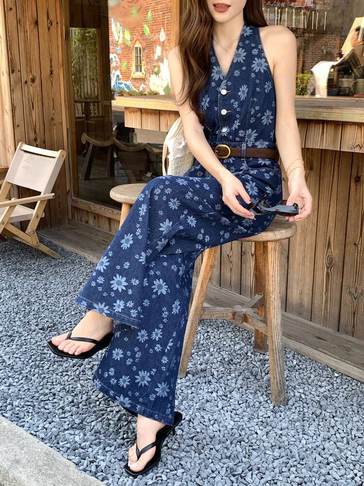 Women's All-Over Print Tie-Up Waist Loose Wide Leg Denim Jumpsuit Boho