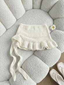 Elamini Women's Red Skirt, Fashionable Summer Beach Outfit, Low-Waist Hollow-Out Ruffled Mini Skirt, Versatile Sweet Vacation Style - White - View 1