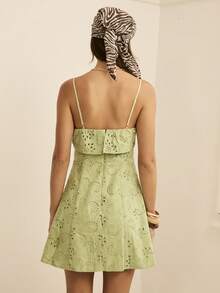 SHEIN Aralina-E Đầm ngắn mùa hè dành cho nữ, cổ gập, thêu hoa, thích hợp đi dự tiệc, nghỉ lễ hoặc du lịch. - màu xanh lá - Xem 2