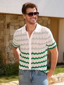 Manfinity RSRT Men's Striped Short Sleeve Front Button Casual Hollow Out Knit Top - White - View 3