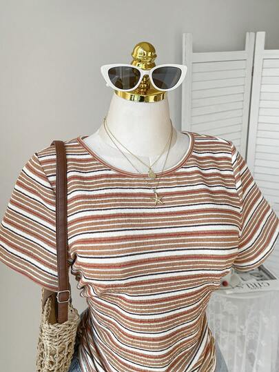 Comfortcana Vintage Knit Striped Jacquard Casual Vacation Plus Size Short Sleeve T-Shirt, Spring/Summer 2026 New Arrival