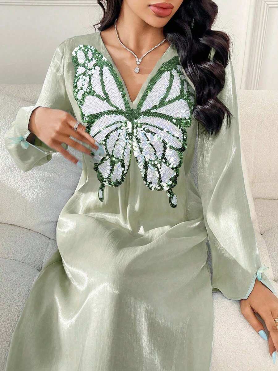 Yasmyna 女士优雅V领长袖亮片蝴蝶连衣裙 - 綠色 - 查看 1