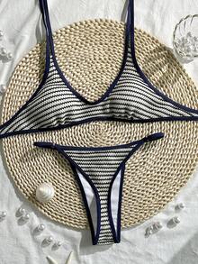 Bonvoyette 女士针织黑白条纹挂脖比基尼上衣，性感比基尼套装 - 彩色 - 查看 4