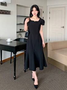 DAZY Women's Fitted Midi Dress With Collar - Black - View 10