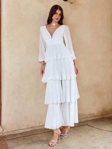 Enchnt 女式春夏深 V 领灯笼袖层叠荷叶边下摆连衣裙 - 白色 - 查看 3