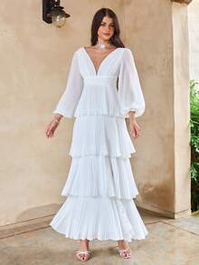 Enchnt 女式春夏深 V 领灯笼袖层叠荷叶边下摆连衣裙 - 白色 - 查看 5