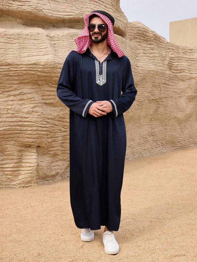 Men's Long Sleeve Maxi Shirt With Middle Eastern Inspired Trim Design, Navy Blue, Spring/Summer
