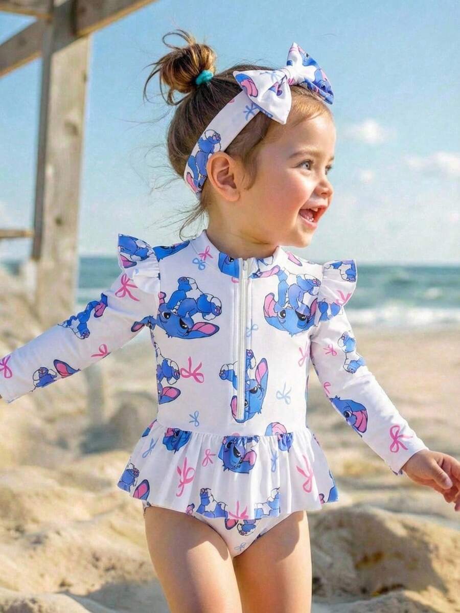 SHEIN 女婴可爱蝴蝶结兔子和大象印花发带（2件套）；女婴荷叶边袖泳衣；女婴拉链泳衣；女婴长袖泳衣；女婴防晒泳衣；幼儿女童长袖泳衣；幼儿防晒泳衣；女童可爱动物印花泳衣；幼儿夏季套装；亲子泳装 - 藍色 - 查看 1