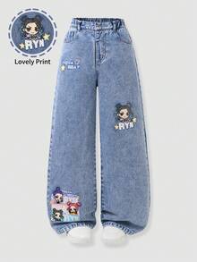 少女风卡通图案星星字母印花浅蓝色水洗柔软牛仔宽松阔腿休闲裤 - 淺色水洗藍 - 查看 3