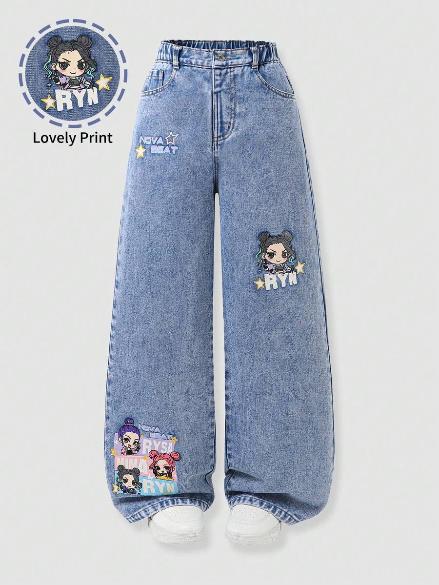 少女风卡通图案星星字母印花浅蓝色水洗柔软牛仔宽松阔腿休闲裤 - 淺色水洗藍 - 查看 1