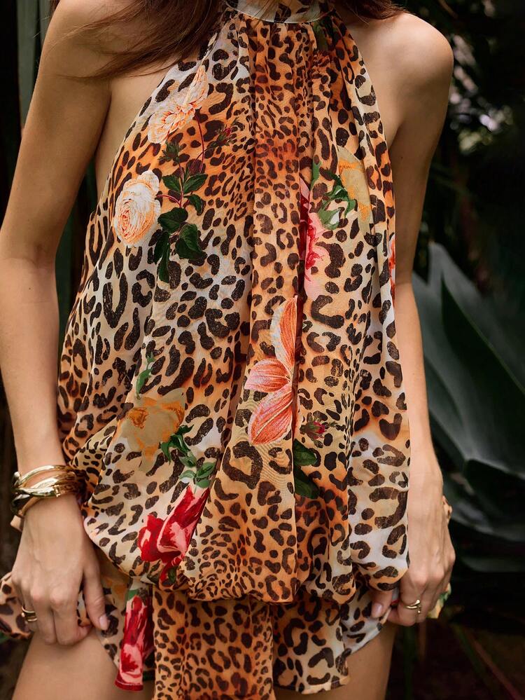 SHEIN Maija Women's Sexy Backless Halter Neck Floral & Leopard Print Beach Vacation Dress, Summer Dress, Summer Outfits, Summer Dresses For Women, Summer Clothes, Summer Outfit For Women, Spring Clothing, Spring Dress , Spring Women, Festival Dress, Elegant Dresses For Party, Elegant Party Dresses, Wedding Guest Dress For Women, Wedding Party Dress, Weddings & Events, Bridesmaid Dress, Wedding Guest Party Dress, Leopard Print And Floral Dress, A Mini Dress Shaped Like A Flower Bud