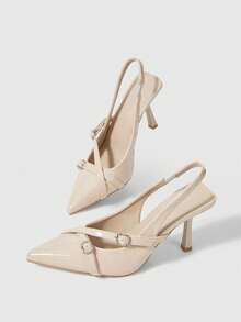 Sleekvia 女士尖头搭扣性感细高跟露跟派对通勤鞋低帮春季鞋亮面PU皮 - 杏色漆皮 - 查看 7