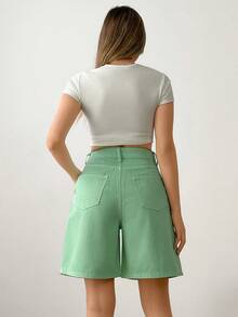 SHEIN Calções femininos casuais de ganga com corte largo, bolsos e perna larga, calções femininos de verão com cintura alta, calções femininos - Menta verde - Ver 4