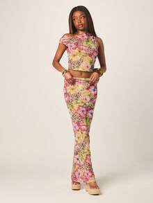 MISSGUIDED Women's Floral Leopard Print Maxi Skirt With Sequin Flower Applique Details Bohemian High Waist Long Flowing Summer Bodycon Skirt - Multicolor - View 3