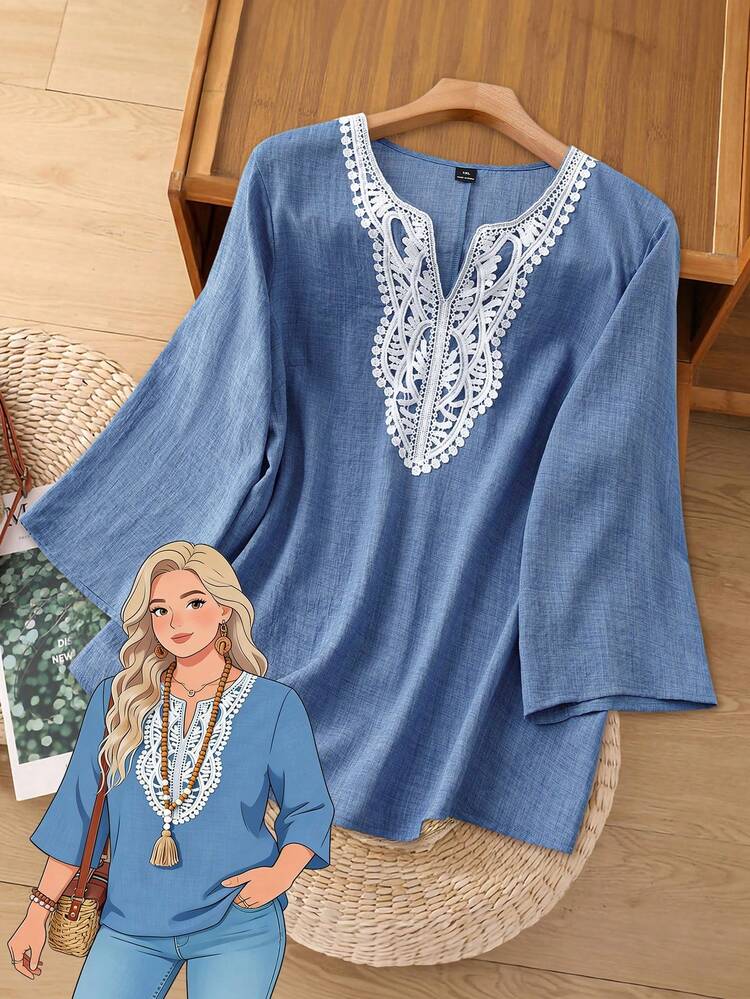 Plus Size Casual Lace Patchwork Notched Neck Blue Blouse For Autumn/Summer/Vacation Summer Tops Summer Spring Country Style Boho Blouse