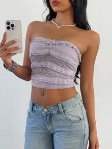 Aloruh Women's New Solid Color Elegant Romantic Lace Bow Ruffle Bust Ruched Bandeau Top,Summer Top - Lilac Purple - View 3