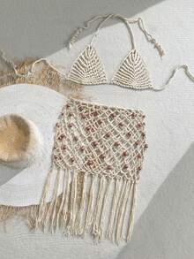 Soleia Beach Style Hollow Knit Camisole Top + Mini Skirt Set - Khaki - View 3