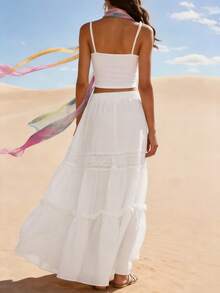 Balvessa Women's Vacation Solid Color Elastic Waist Lace Ruffle Hem A-Line Skirt - White - View 2