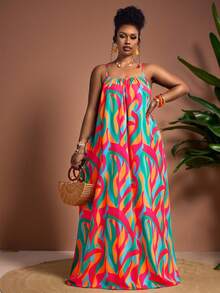 Truni 大码女式印花宽松吊带长裙，夏季连衣裙，适合度假、下午茶、海滩游轮、城市公路旅行、波西米亚风度假、音乐节、海滩装扮、复活节、优雅度假服、音乐会服装、热带度假装、波西米亚风度假服饰，春夏秋季皆宜。 - 彩色 - 查看 7