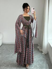 Elenzga Vestido de estampado de estilo vacacional con parche de cuello y cinturón de color contrastante para mujer - Multicolor - Ver 6