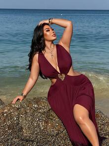 NU&NOW Đầm dạ hội gợi cảm, cổ chữ V sâu, kiểu yếm, dành cho người có thân hình đầy đặn, thích hợp cho các dịp trang trọng. - Màu Đỏ Sâu - Xem 3