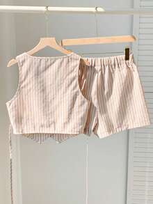 Conjunto de 2 piezas de mujer con cárdigan a rayas color albaricoque y shorts - Negro - Ver 5