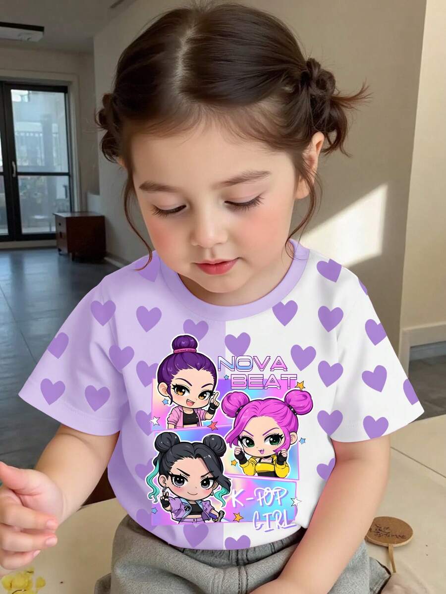 Cute Baby Girls' Summer Lavender T-Shirt Featuring Cartoon Character Prints&Heart Patchwork Design,Round Neck Short Sleeve Casual Tee - Multicolor - View 1