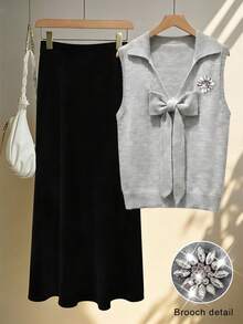 Resyla Women's Autumn Elegant Tea Party Set,Gray Bow-Tie Collar Sleeveless Knit Vest & Black Elastic Waist A-Line Long Skirt Two-Piece Set,Blackness Outfit - Multicolor - View 1
