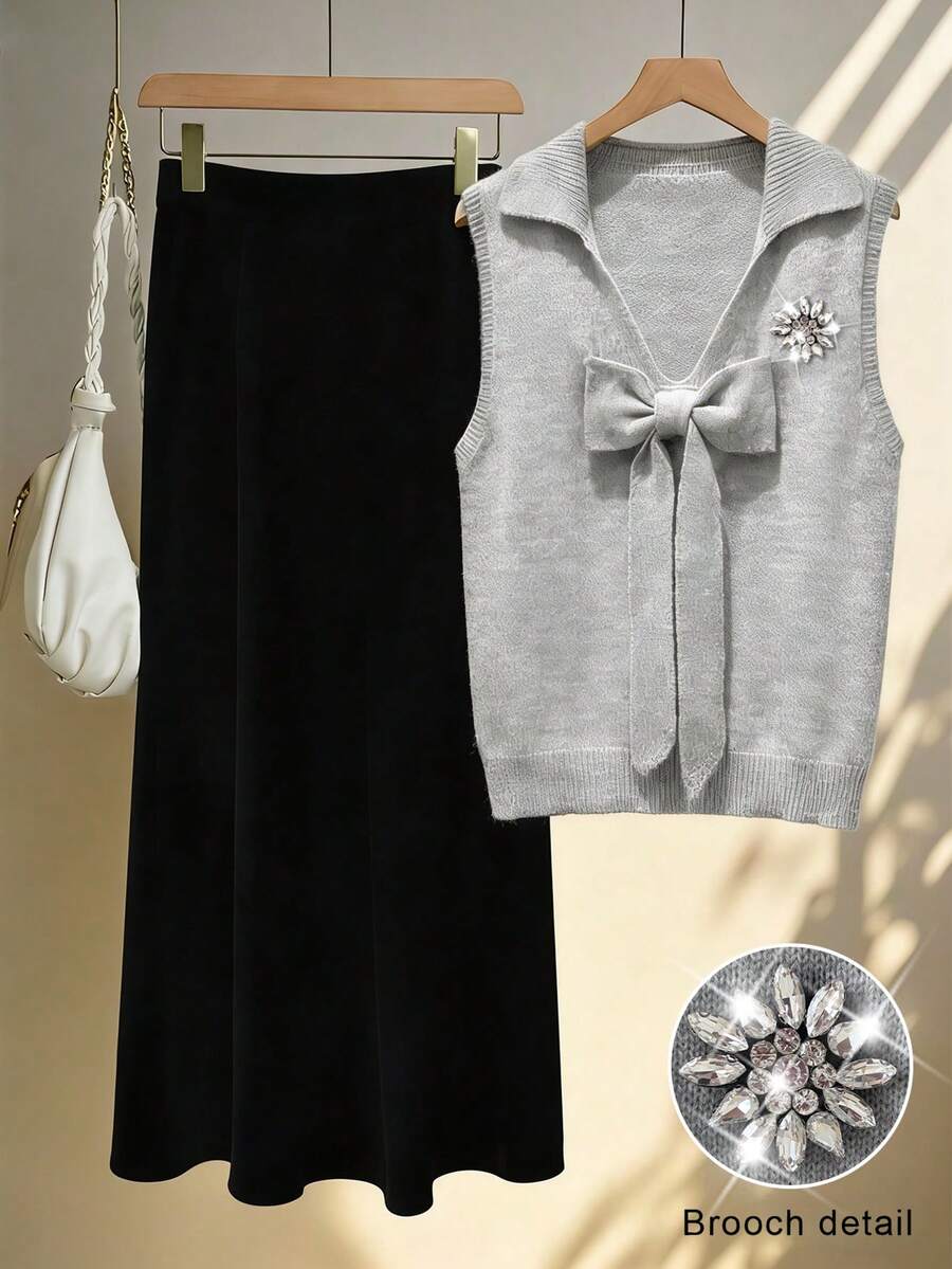 Resyla Women's Autumn Elegant Tea Party Set,Gray Bow-Tie Collar Sleeveless Knit Vest & Black Elastic Waist A-Line Long Skirt Two-Piece Set,Blackness Outfit - Multicolor - View 1