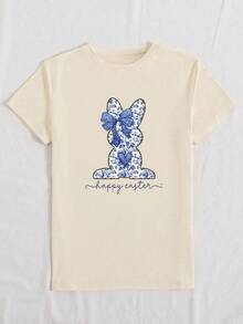 Resyla Happy Easter Graphic Tee, Round Neck Short Sleeve Printed Casual Top For Women, Rabbit, Floral, Bow Design, Daily Wear - Apricot - View 3