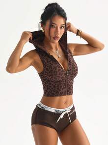 Dewbera Seamless Ribbed High Elasticity Leopard Jacquard Fitness Casual Daily Running Sports Hooded Jacket - Brown - View 4