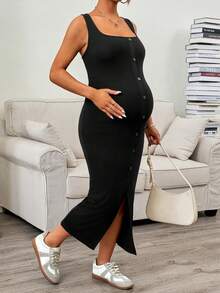 SHEIN Vestido de maternidad de verano casual de unicolor con botones delanteros, sin mangas y ajustado - Negro - Ver 4