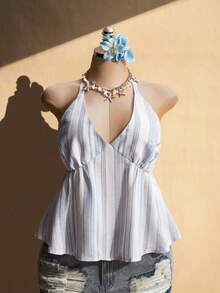 SHEIN ICON 大码V领露背系带蝴蝶结条纹吊带衫，休闲条纹娃娃衫，夏季度假，沙滩装 - 藍白色 - 查看 4