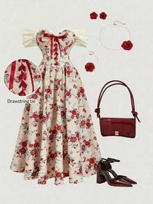 SHEIN MOD 大码女式碎花露肩蝴蝶结荷叶边连衣裙，婚纱，情人节连衣裙，约会连衣裙，春夏连衣裙，度假连衣裙 - 彩色 - 查看 7