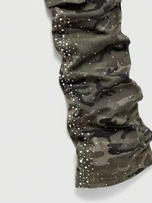 ROMWE MEN Quần jean denim nam họa tiết rằn ri nhiều lớp, đính kim cương lấp lánh. - xanh quân đội - Xem 5