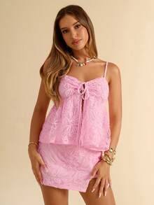 SHEIN BAE Women's Floral Textured Front Tie Camisole,Pink Top,New Arrival: A Cute Pink Textured Top, Suitable For Various Occasions Such As Beach Vacations, Beach Trips, Beach Parties, Dates, Nightclubs, Picnics, Parties, Music Festivals, Brunch, Etc. - Pink - View 5
