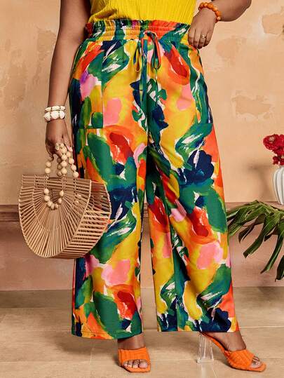 EMERY ROSE Plus Size Women's Vacation Ruffle Waist Tie Brush Print Wide Leg Pants