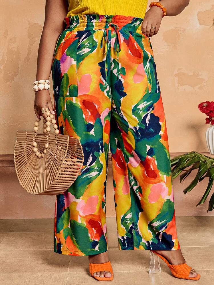 Plus Size Women's Vacation Ruffle Waist Tie Brush Print Wide Leg Pants Tropical Print Wide Leg Pants Summer Palazzo Pants For Women Colorful Floral Pants Beach Vacation Pants  Summer Outfits Summer Clothes Spring Dress Spring Outfit Women Spring Clothing Beach Vacation Outfits For Women Vacation Dress Bohemian   Festival Outfits For Women Beach Outfits For Women