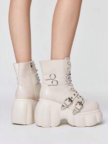 ROMWE Grunge Punk Women Heeled Sandals~ 2026 New Fashion Autumn And Winter Punk Style Beige PU Round Toe Wedge Heel Thick Bottom Rivet Metal Buckle Front Zipper Small High Heel Riding Boots Hot Girls Ankle Boots - Beige - View 8